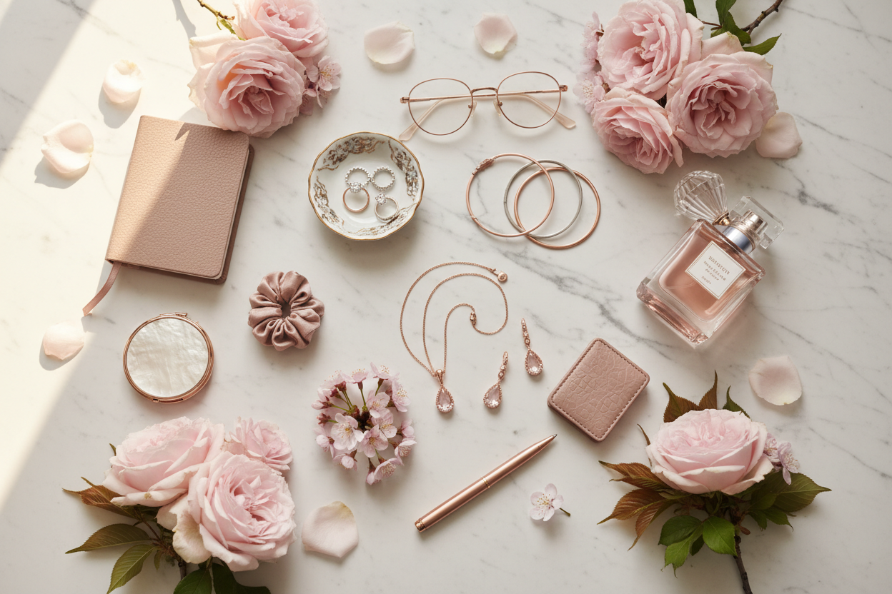 Pink flowers and marble flatlay